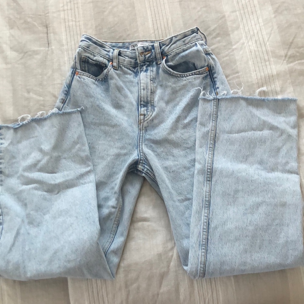 Zara High Rise Straight Leg Raw Hem Jeans